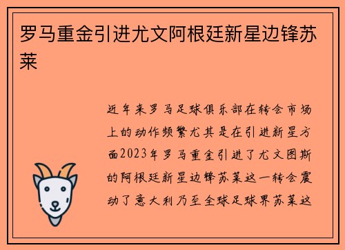 罗马重金引进尤文阿根廷新星边锋苏莱 罗马重金引进尤文阿根廷新星边锋苏莱